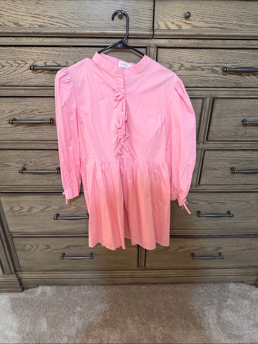 Pink Tie-Front Long Sleeve Women's Dress